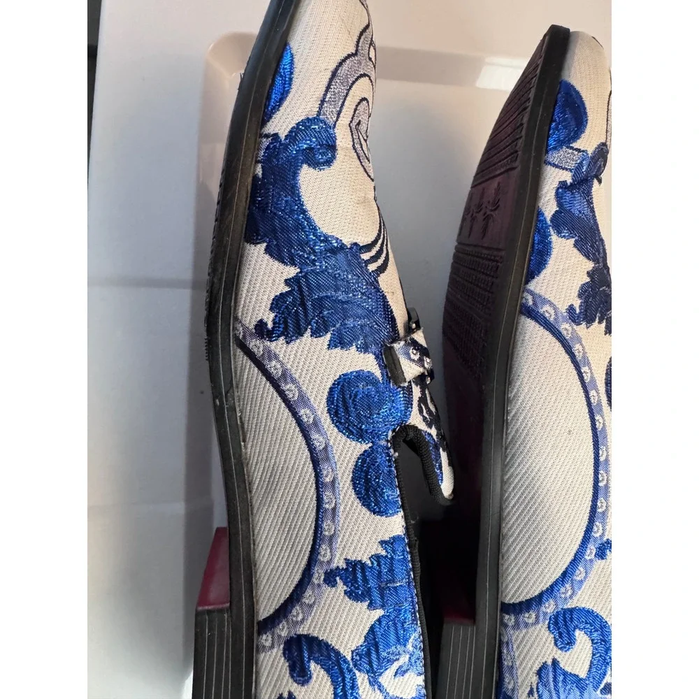 Successo Uomo by Puita Mens Blue White Jacquard Damask Bit Loafers Dress Shoes